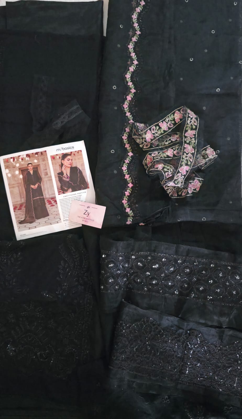 Maria.B Black Unstitched Embroidered Silk Cotton net suit Material