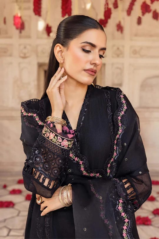 Maria.B Black Unstitched Embroidered Silk Cotton net suit Material