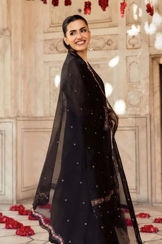 Maria.B Black Unstitched Embroidered Silk Cotton net suit Material