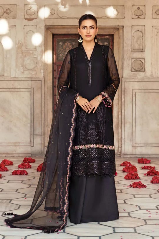 Maria.B Black Unstitched Embroidered Silk Cotton net suit Material