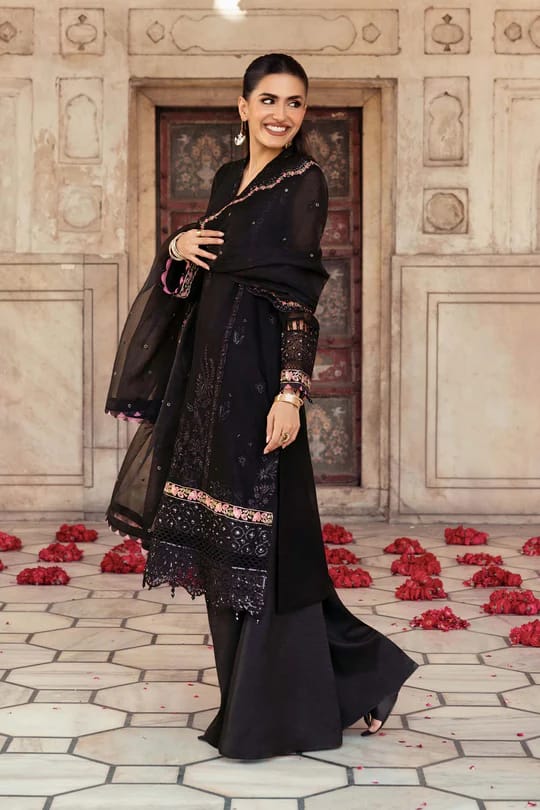 Maria.B Black Unstitched Embroidered Silk Cotton net suit Material