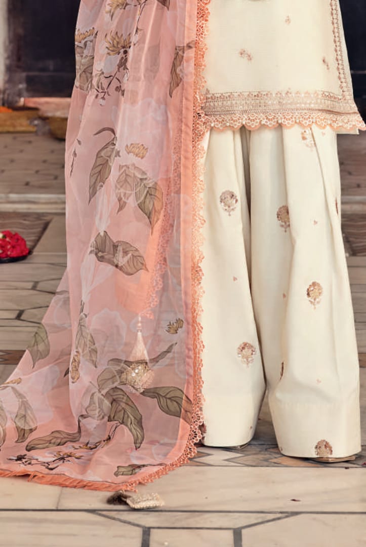 Maria.B Off-White Unstitched Embroidered Silk Cotton net suit Material