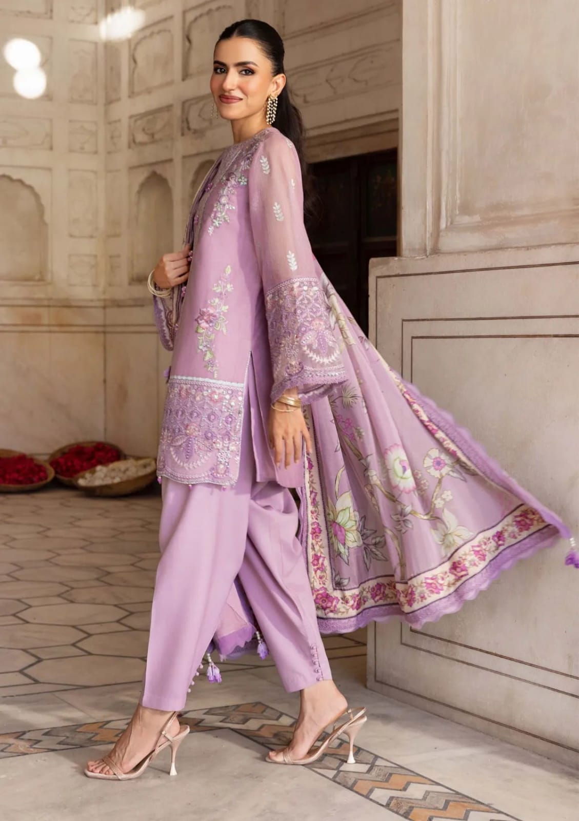Maria.B Lilac Unstitched Embroidered Silk Cotton net suit Material