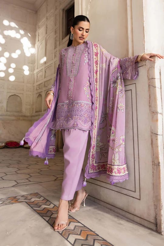 Maria.B Lilac Unstitched Embroidered Silk Cotton net suit Material