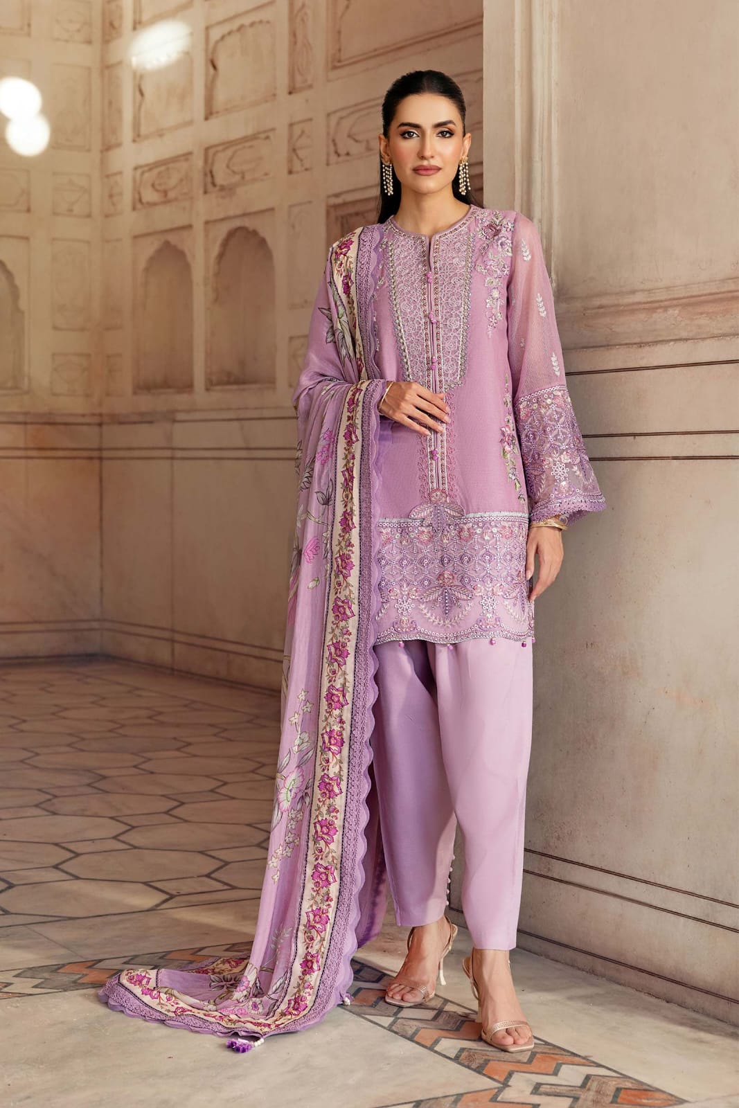 Maria.B Lilac Unstitched Embroidered Silk Cotton net suit Material