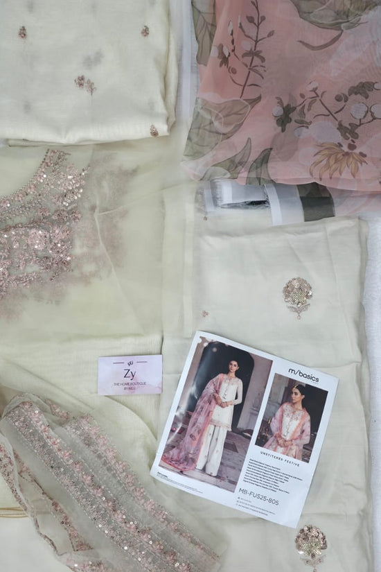 Maria.B Off-White Unstitched Embroidered Silk Cotton net suit Material