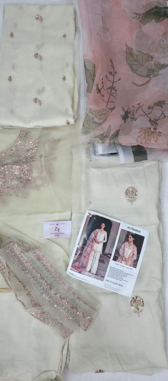 Maria.B Off-White Unstitched Embroidered Silk Cotton net suit Material