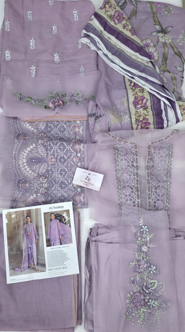 Maria.B Lilac Unstitched Embroidered Silk Cotton net suit Material